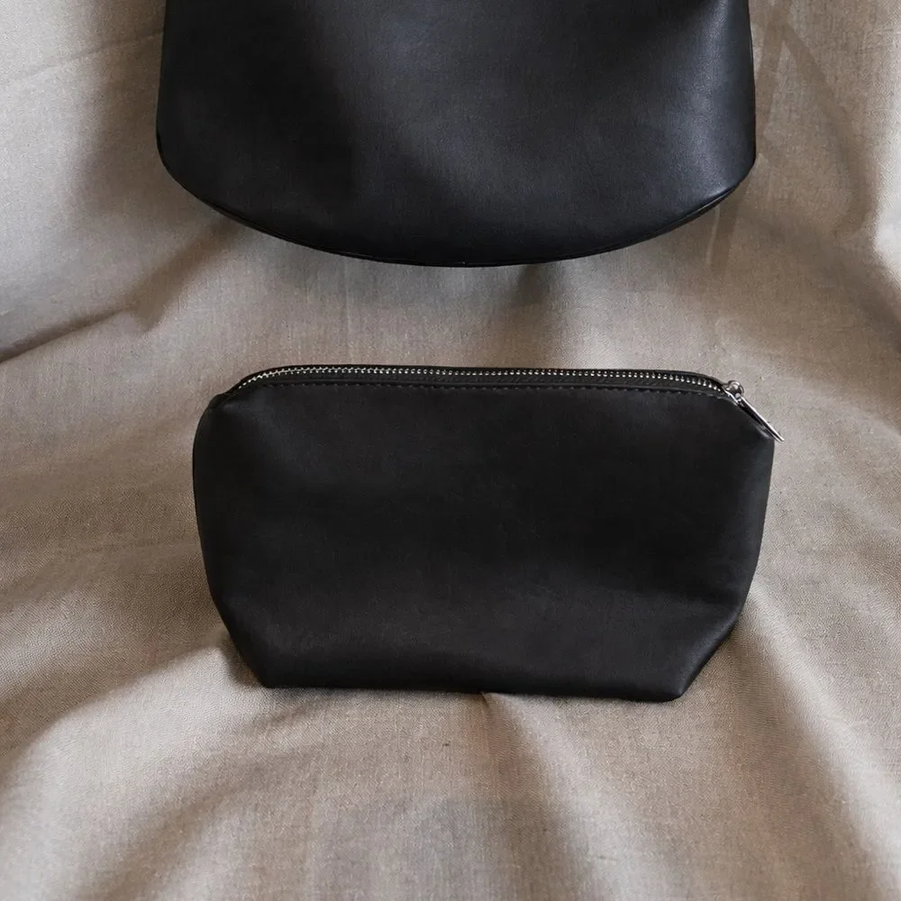 Set of Black Leather Boho Hobo Bag & Makeup Pouch Bundle | Minimalist Shoulder
